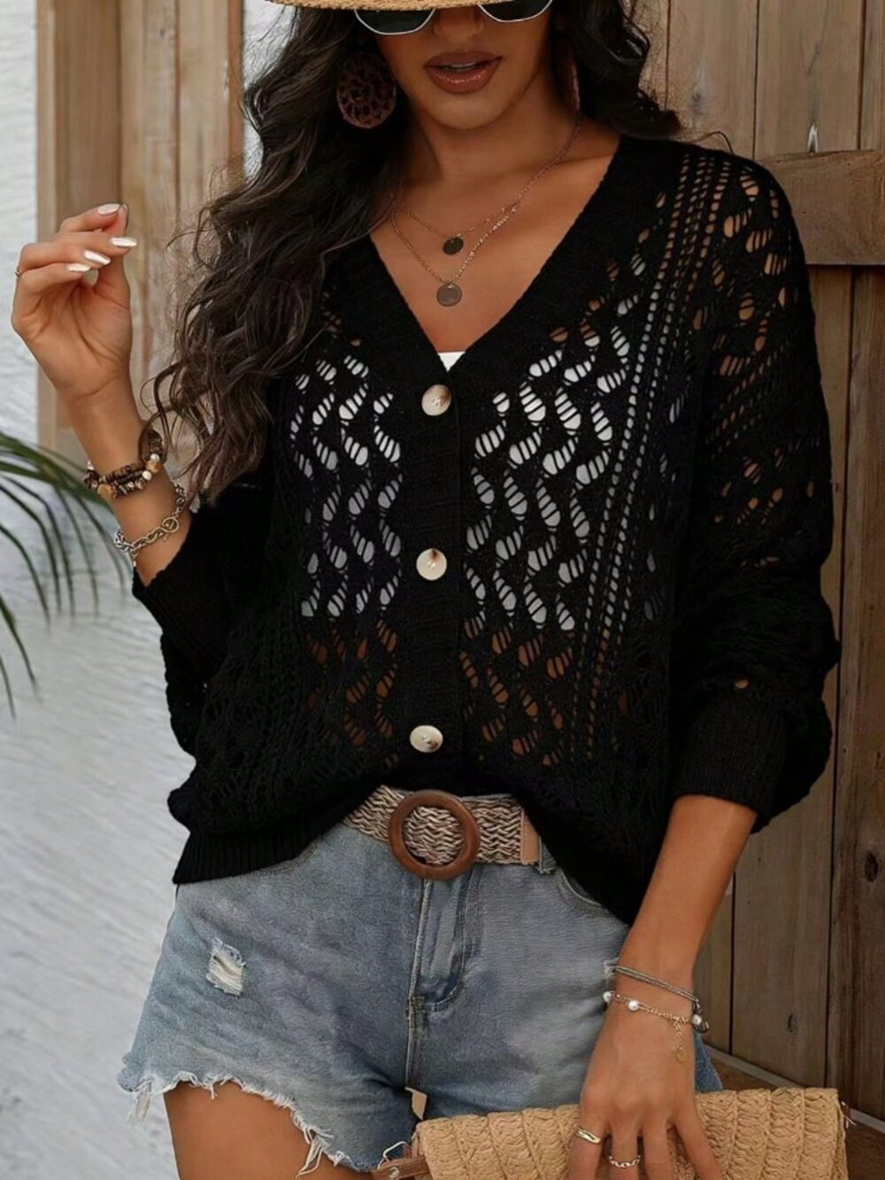 Black Casual Women's Lightweight V-Neck  Button Front Knit Sweater Cardigan - Picture 4 of 4